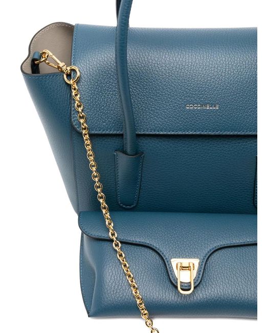 Coccinelle Blue Medium Double Beat Top-Handle Leather Tote Bag