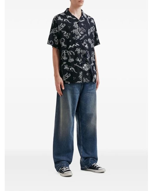AFTERMATHS Black Patterned Short-Sleeve Shirt for men