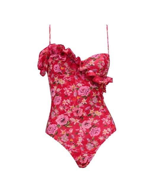 PATBO Red Ruffled Floral Swimsuit