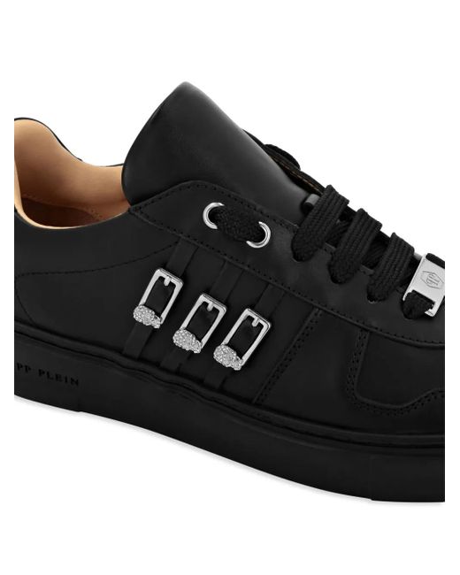 Philipp Plein Black Skull-Appliqué Leather Sneakers