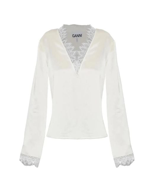 Ganni White Lace-Trim Satin Blouse