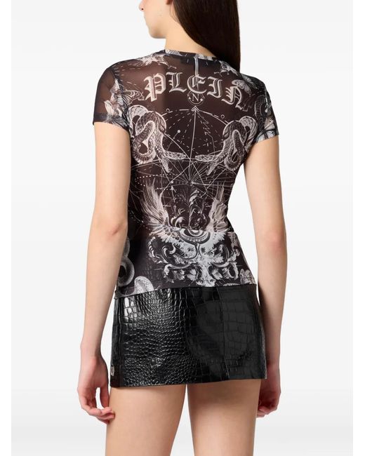Philipp Plein Black Tulle Butterfly-Print T-Shirt