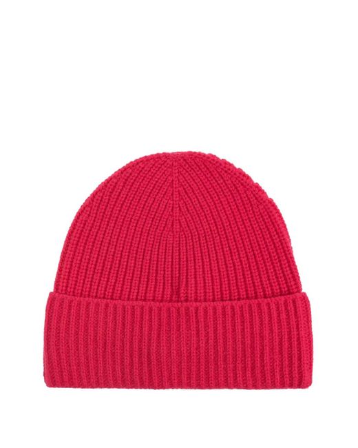 Moncler Red Ribbed Logo Patch Beanie