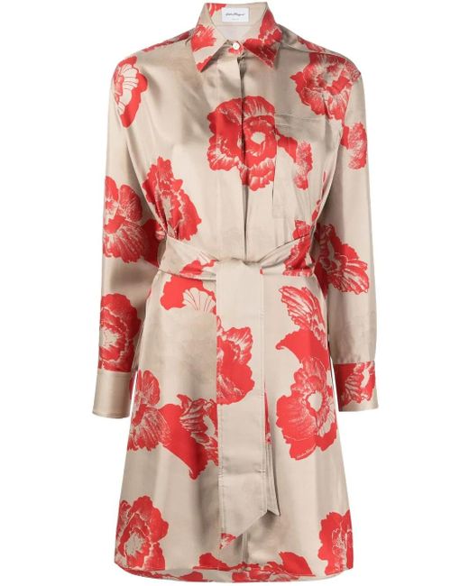 Ferragamo Red Floral Print Belted Shirt Dress