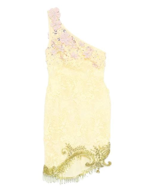 Georges Hobeika Yellow Floral-Embellished One-Shoulder Mini Dress