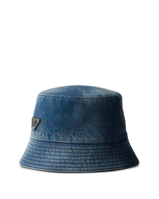 Prada Blue Triangle-Logo Denim Bucket Hat for men