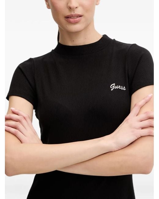 Guess Black Mini Lavinia Logo-Embroidered Ribbed-Knit Dress
