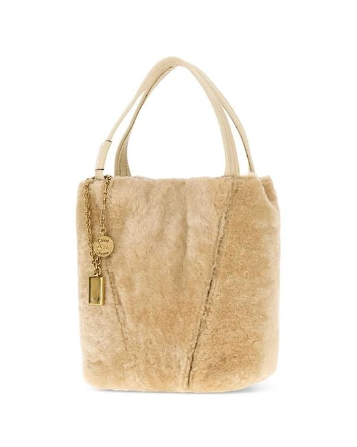 Chloé White Small Spin Shearling Tote Bag