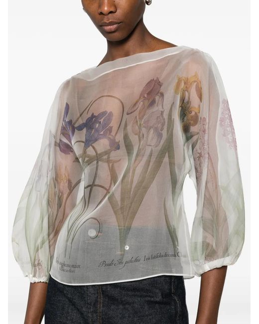 Alberta Ferretti White Printed Organdis Silk Blouse