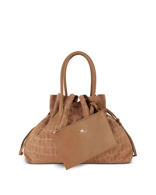 Elisabetta Franchi Brown Crocodile-Print Tote Bag