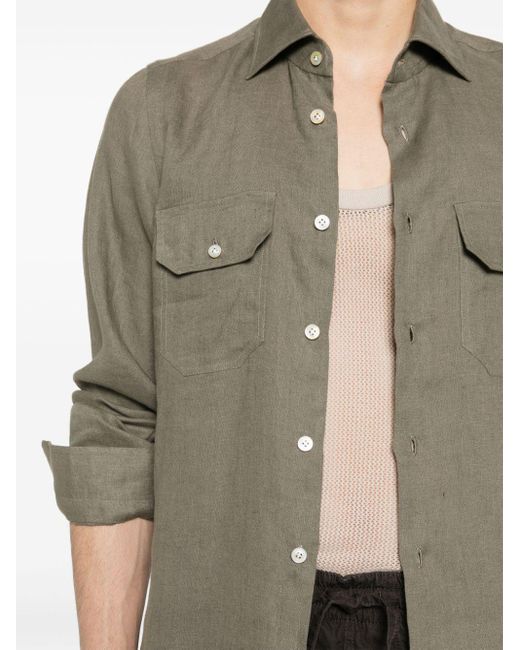 Kiton Green Classic-collar Linen Shirt for men