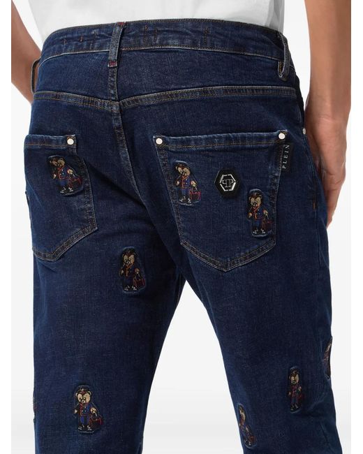 Philipp Plein Blue Bear-Embroidered Jeans for men