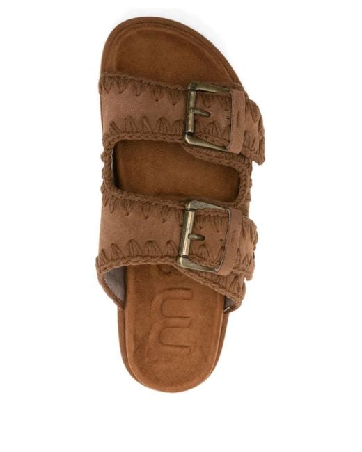 Mou Brown Buckle-Embellished Suede Sandals