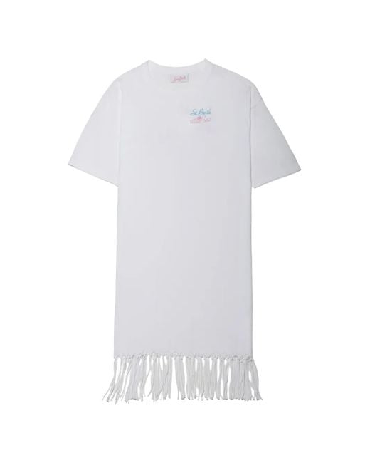 Mc2 Saint Barth White Logo-Print Fringed Mini Dress