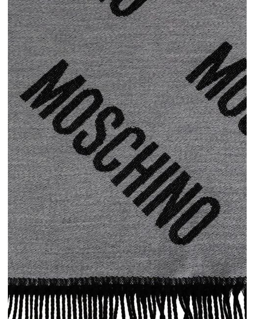 Moschino Gray Monogram-Print Fringed Scarf