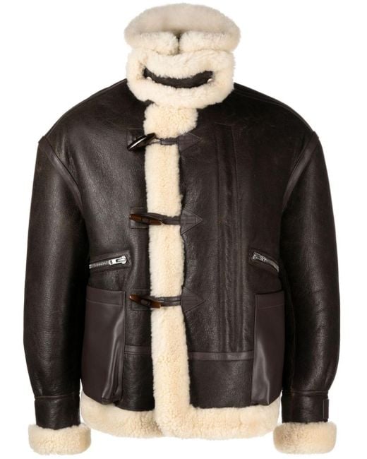 KENZO Black Shearling-trim toggle-fastening Leather Jacket for men