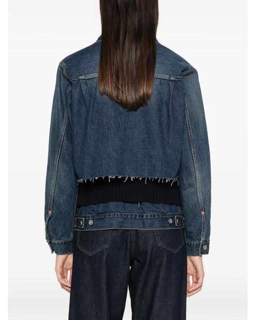 Sacai Blue Raw-Cut Knit-Panelled Denim Jacket
