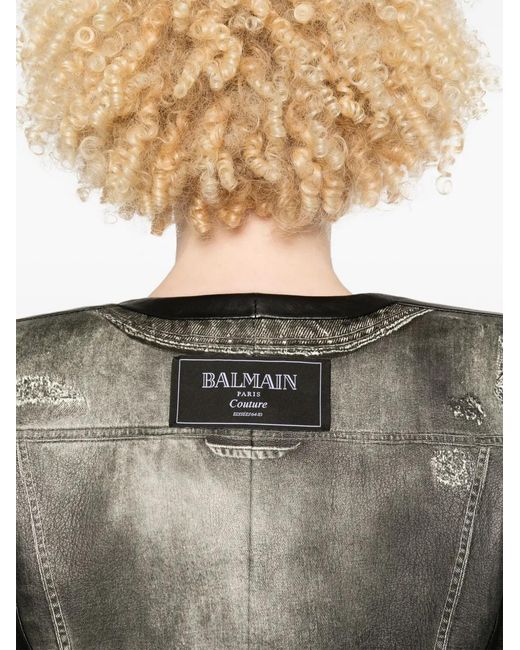 Balmain Black Denim-Print Leather Jacket