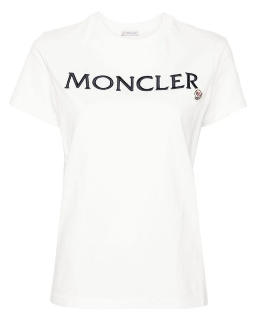 Moncler White T-Shirt mit Logo-Stickerei