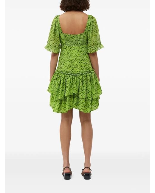 Ganni Green Floral Ruffled Mini Dress