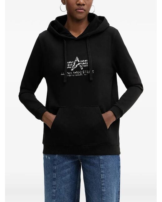 Alpha Industries Black Logo-Print Drawstring Hoodie