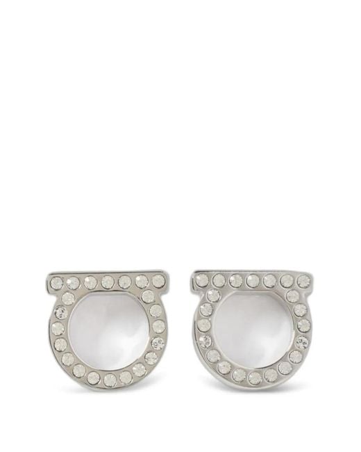 Ferragamo White Boucles D'Oreilles Gancini À Ornements En Cristal