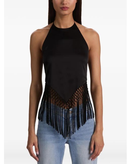 Alice + Olivia Black Greta Fringe-Trimmed Handkerchief Blouse
