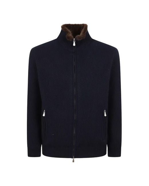 Barba Napoli Blue Ribbed-Knit Zip-Up Sweater for men
