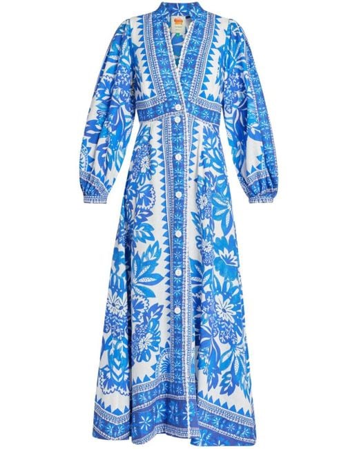 Farm Rio Blue Floral-print Linen Maxi Dress