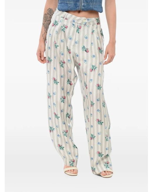 Pierre Louis Mascia Gray Floral-Print Striped Trousers