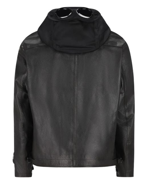 C P Company Black Goggle-Detail Leather Jacket for men