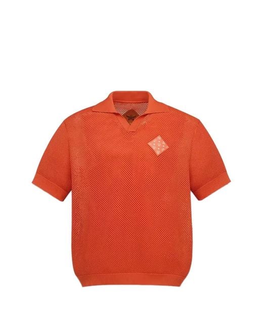 MCM Orange Logo-Patch Open-Knit Polo Shirt for men