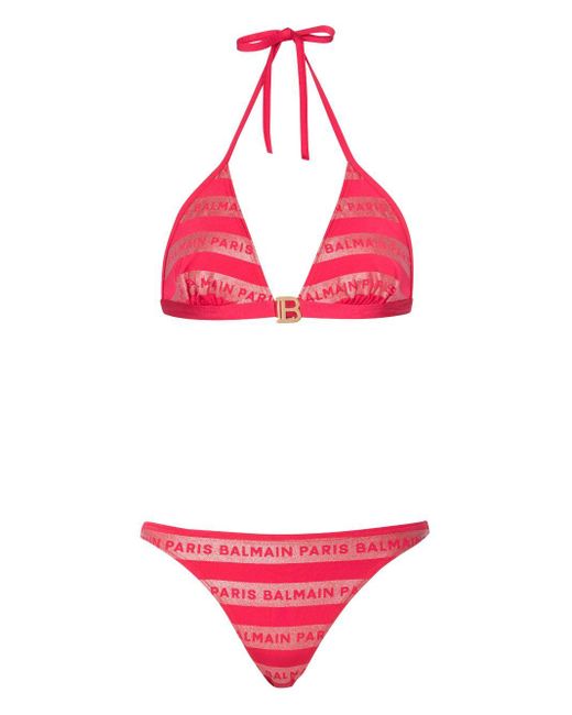 Balmain Pink Logo-print Triangle Bikini Set