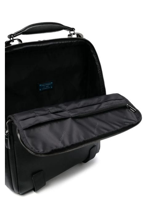 Piquadro Black Logo-Patch Leather Backpack for men