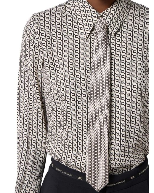 Elisabetta Franchi Gray Geometric-Print Tie-Neck Blouse