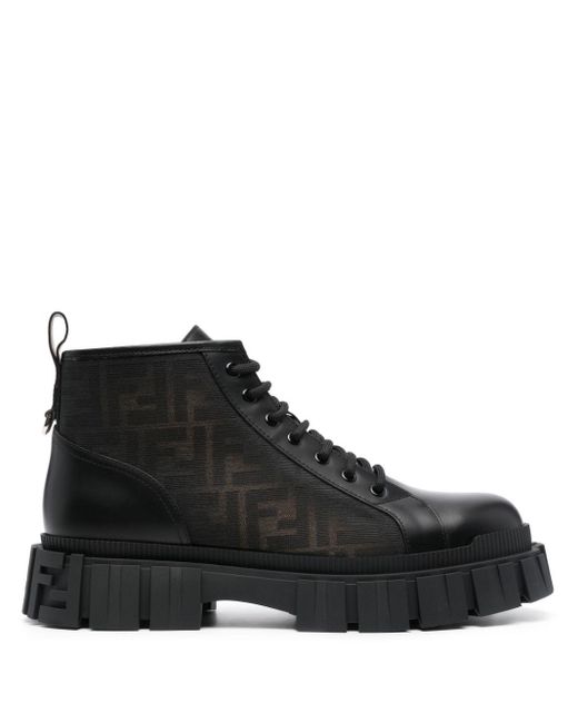 Fendi Black Ff-jacquard Leather Boots for men