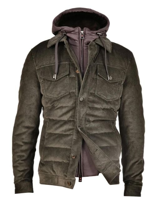 Kiton Green Corduroy Quilted Detachable-Hood Coat for men