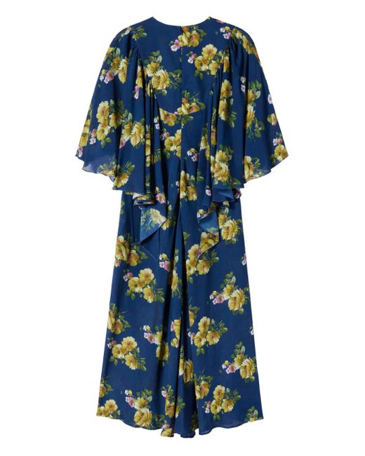 LaDoubleJ Blue Floral-Print Cape-Sleeve Maxi Dress