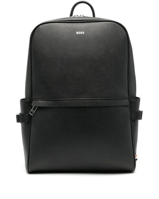 Boss Black Logo-print Leather Backpack for men