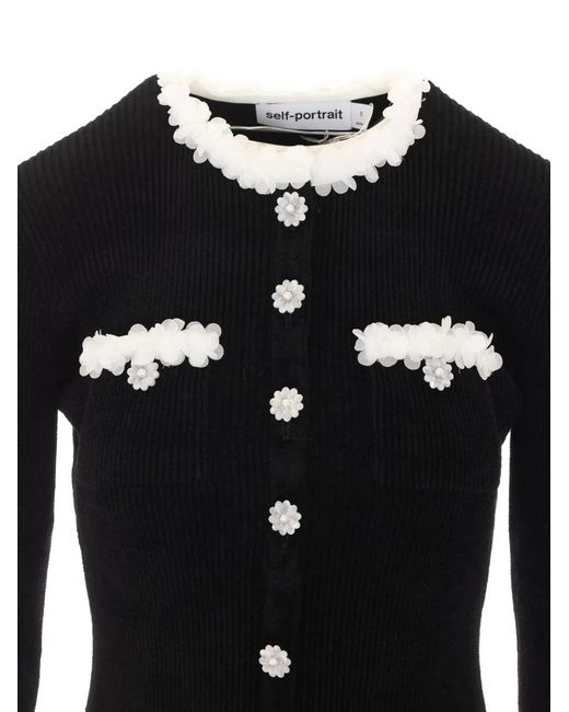 Self-Portrait Black Floral-Button Chenille-Knit Mini Dress