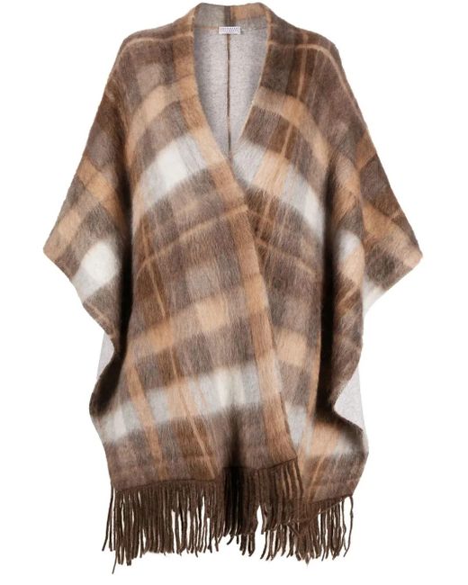 Brunello Cucinelli Brown Check-Print Frayed-Edge Cape