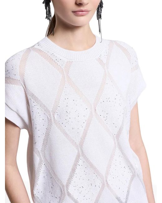 Peserico White Argyle Embellished Knitted Top