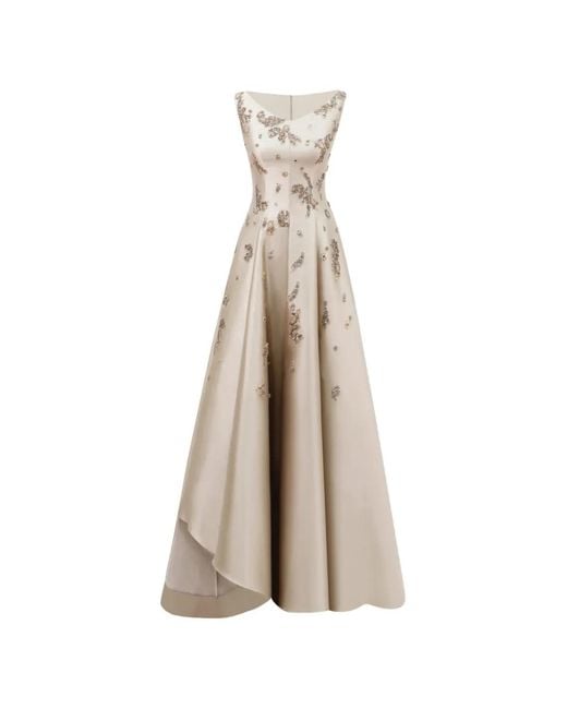 Gemy Maalouf Natural Beaded Asymmetrical Dress