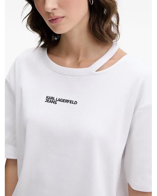 Karl Lagerfeld White Cut-Out Logo-Embroidered T-Shirt