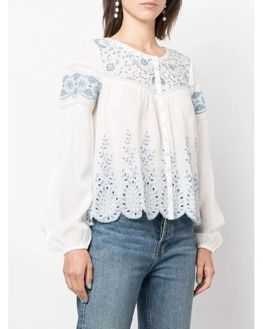 LoveShackFancy White Embroidered Crew Neck Blouse