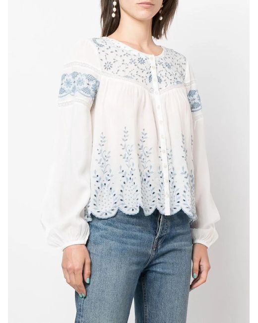 LoveShackFancy White Embroidered Crew Neck Blouse