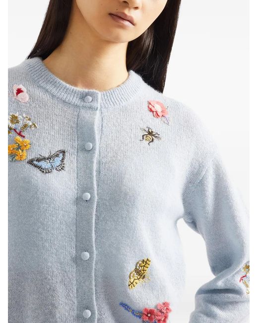 Erdem Blue Floral-Embellished Crew-Neck Cardigan