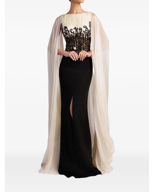 Gatti Nolli by Marwan Black Embroidered Cape-Sleeve Gown