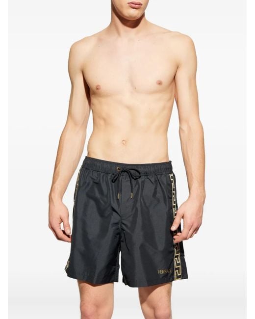 Versace Gray Drawstring Logo-Print Swim Shorts for men