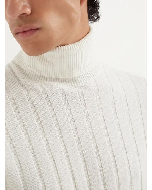 Brunello Cucinelli White Ribbed Cashmere Roll-Neck Knitted Sweater for men